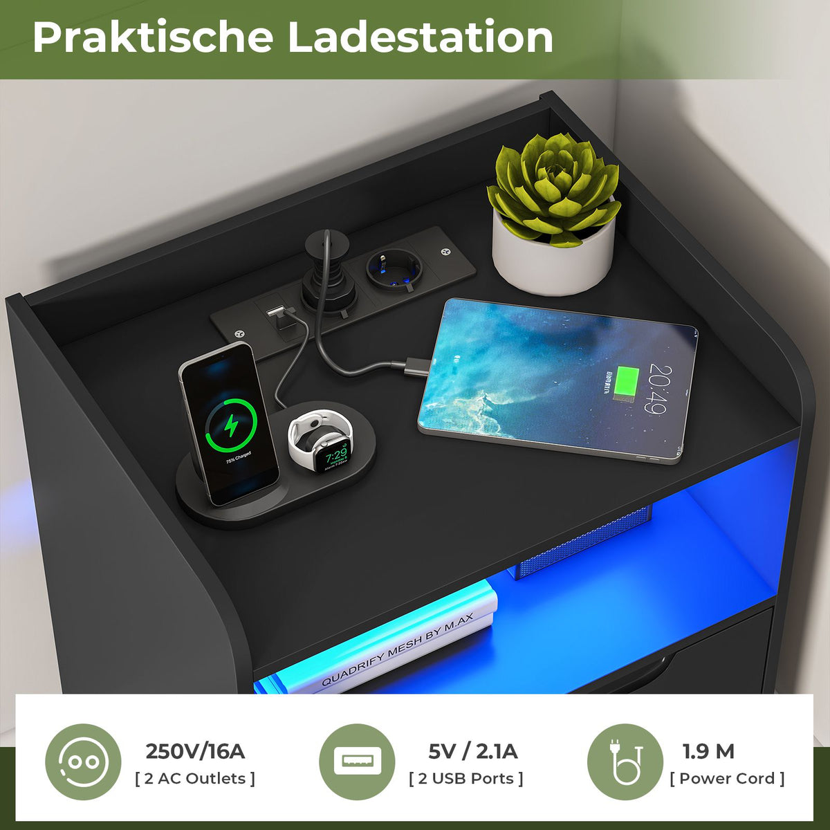 Brinlawb Nachttisch mit LED Beleuchtung und Ladestation 2 AC Steckdosen 2 USB Anschlüsse Nachtschrank mit 2 Schubladen und 1 Offenes