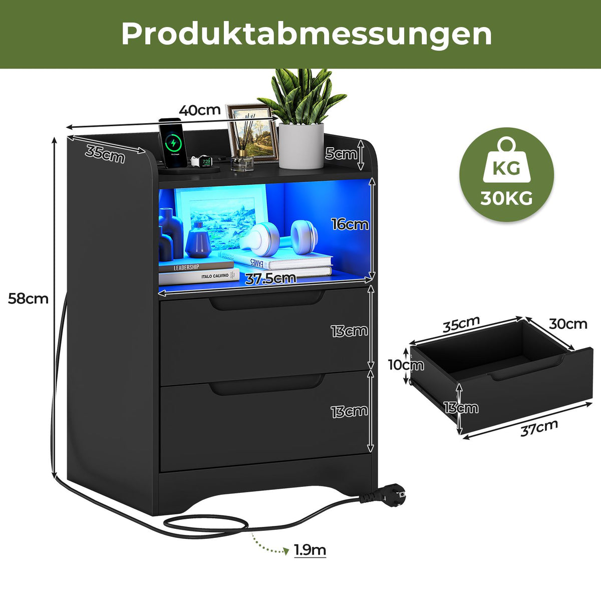 Brinlawb Nachttisch mit LED Beleuchtung und Ladestation 2 AC Steckdosen 2 USB Anschlüsse Nachtschrank mit 2 Schubladen und 1 Offenes
