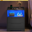 Brinlawb Nachttisch mit LED Beleuchtung und Ladestation 2 AC Steckdosen 2 USB Anschlüsse Nachtschrank mit 2 Schubladen und 1 Offenes