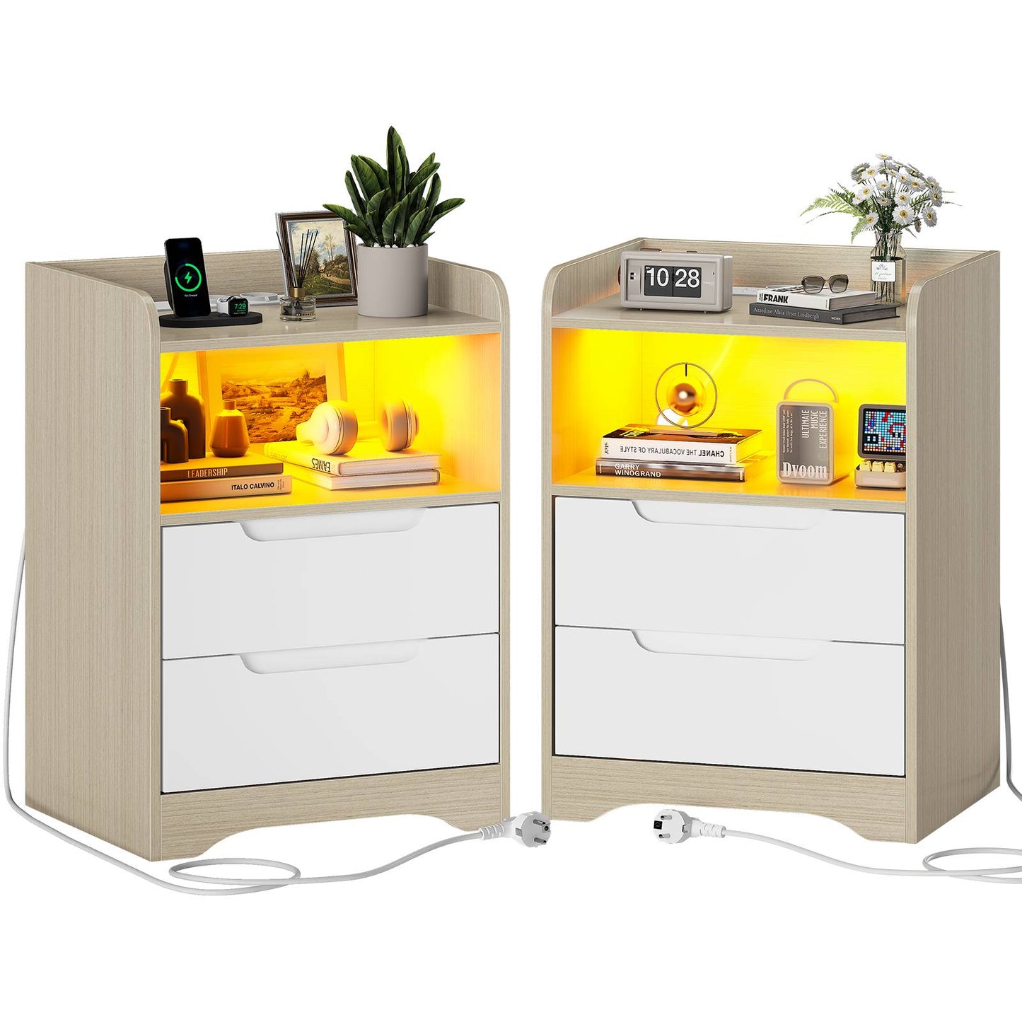 Brinlawb Nachttisch mit LED Beleuchtung und Ladestation 2 AC Steckdosen 2 USB Anschlüsse Nachtschrank mit 2 Schubladen und 1 Offenes