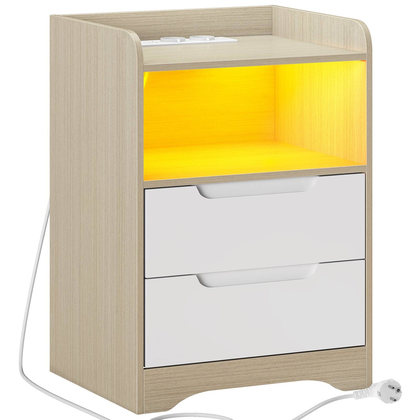 Brinlawb Nachttisch mit LED Beleuchtung und Ladestation 2 AC Steckdosen 2 USB Anschlüsse Nachtschrank mit 2 Schubladen und 1 Offenes