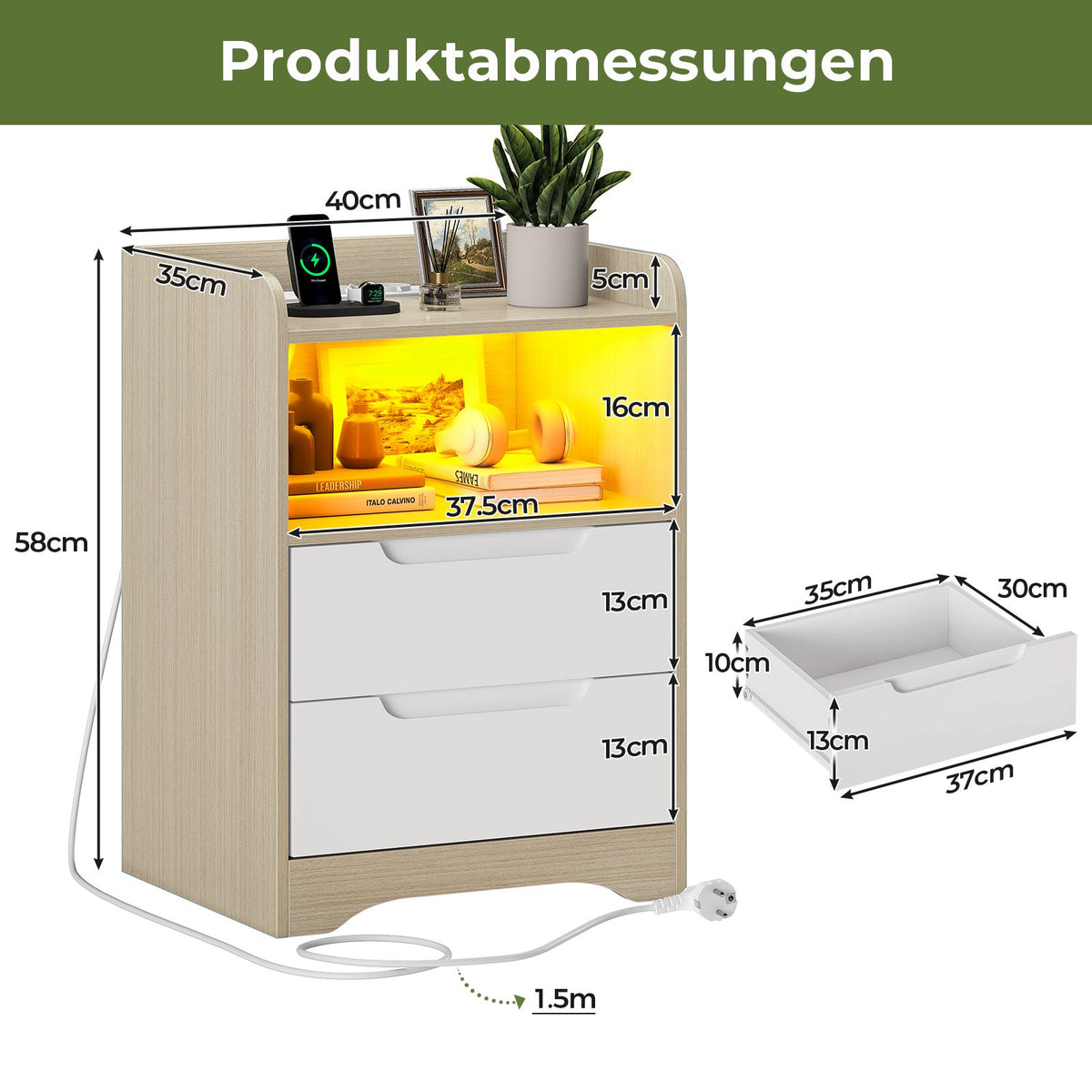 Brinlawb Nachttisch mit LED Beleuchtung und Ladestation 2 AC Steckdosen 2 USB Anschlüsse Nachtschrank mit 2 Schubladen und 1 Offenes