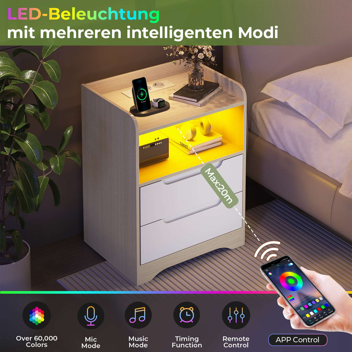 Brinlawb Nachttisch mit LED Beleuchtung und Ladestation 2 AC Steckdosen 2 USB Anschlüsse Nachtschrank mit 2 Schubladen und 1 Offenes