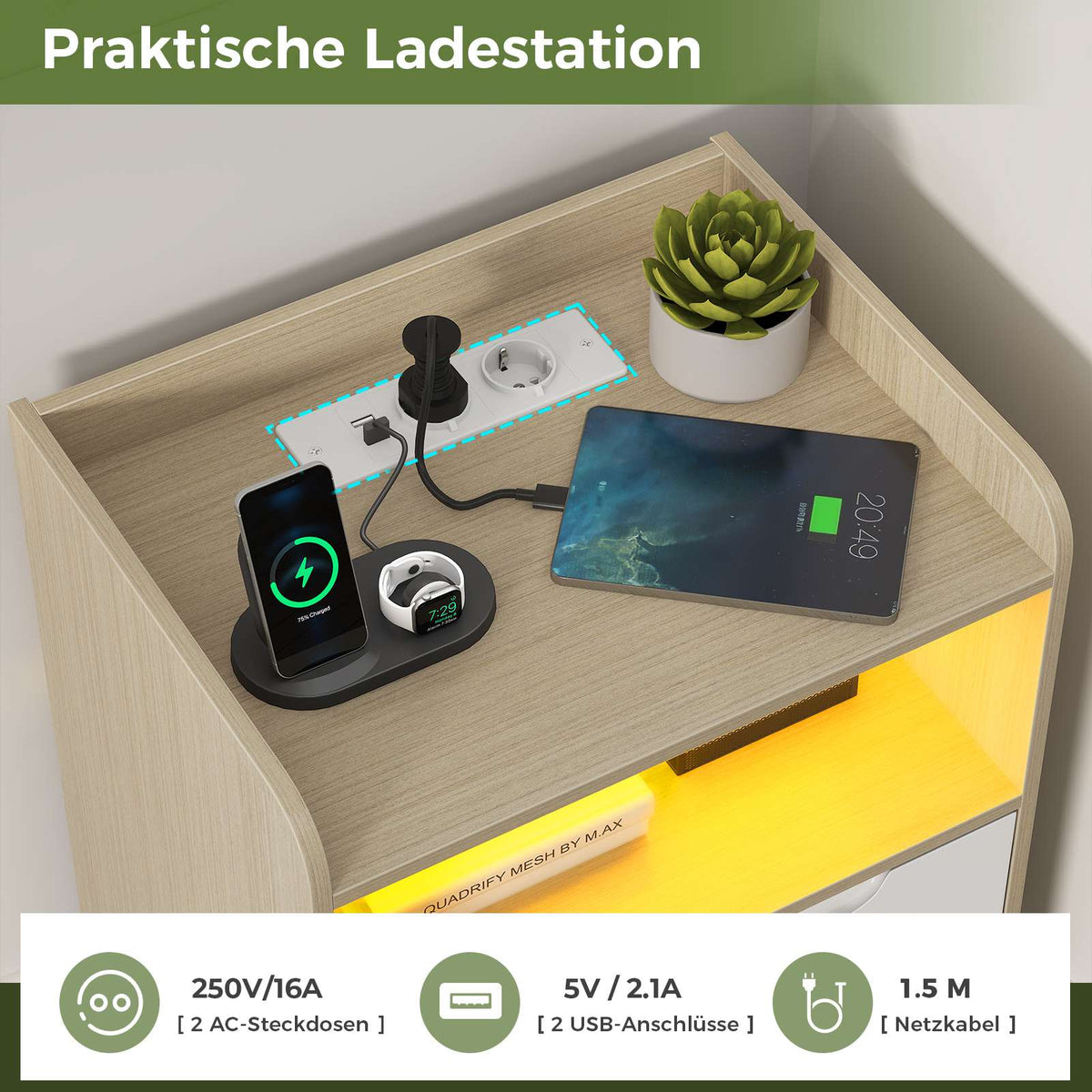Brinlawb Nachttisch mit LED Beleuchtung und Ladestation 2 AC Steckdosen 2 USB Anschlüsse Nachtschrank mit 2 Schubladen und 1 Offenes