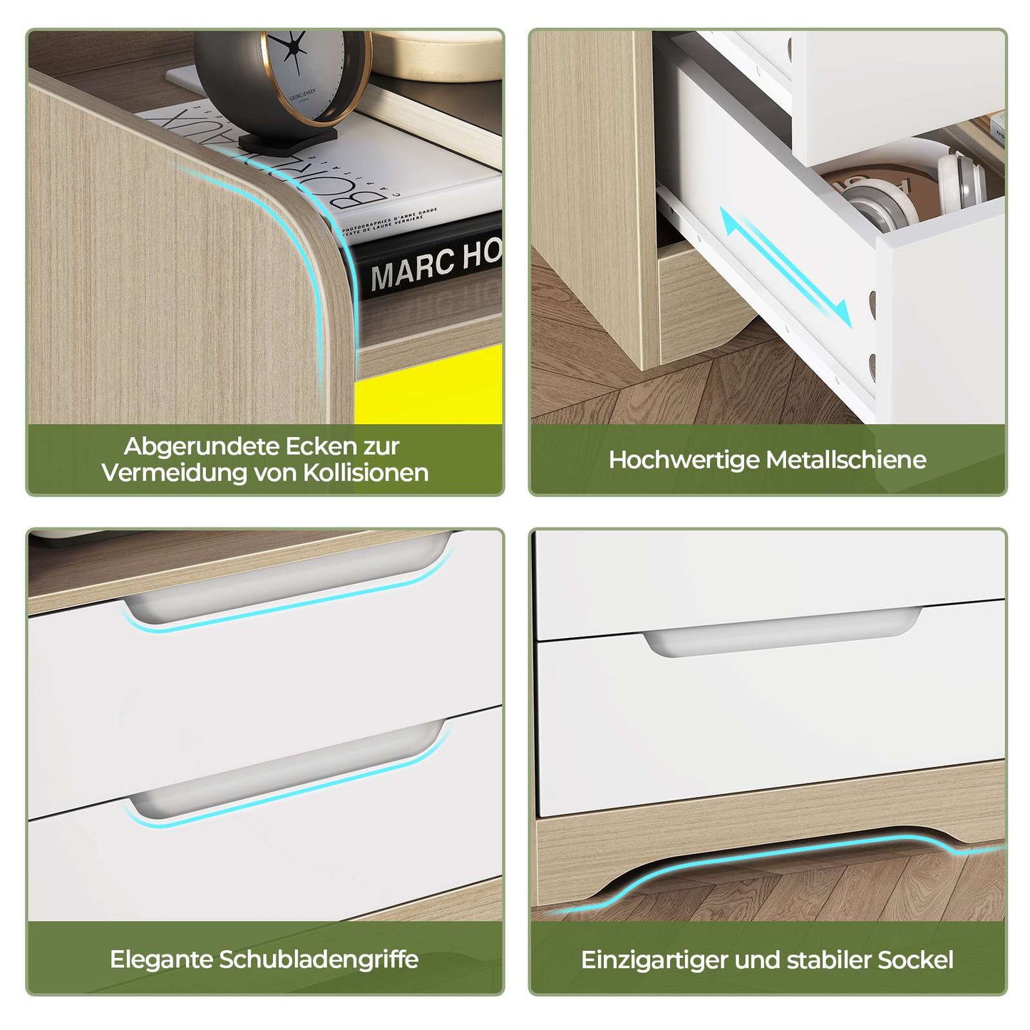 Brinlawb Nachttisch mit LED Beleuchtung und Ladestation 2 AC Steckdosen 2 USB Anschlüsse Nachtschrank mit 2 Schubladen und 1 Offenes
