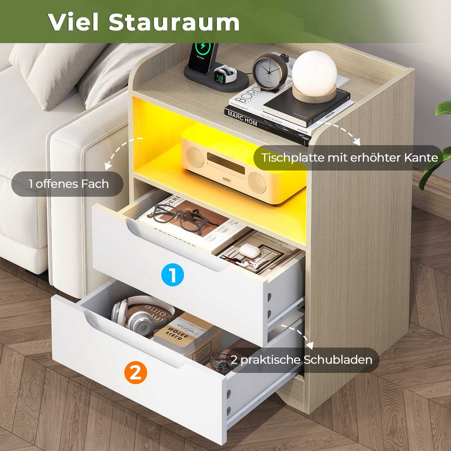 Brinlawb Nachttisch mit LED Beleuchtung und Ladestation 2 AC Steckdosen 2 USB Anschlüsse Nachtschrank mit 2 Schubladen und 1 Offenes