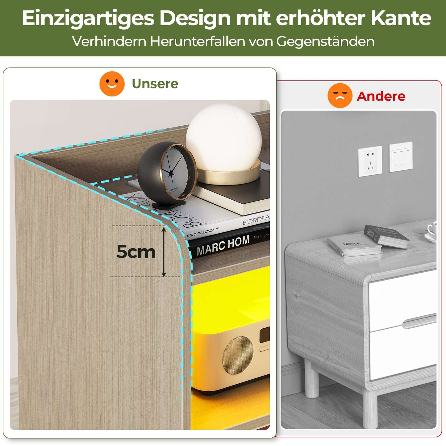 Brinlawb Nachttisch mit LED Beleuchtung und Ladestation 2 AC Steckdosen 2 USB Anschlüsse Nachtschrank mit 2 Schubladen und 1 Offenes