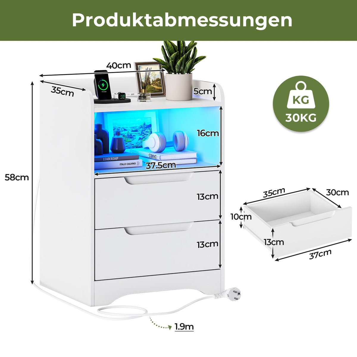 Brinlawb Nachttisch mit LED Beleuchtung und Ladestation 2 AC Steckdosen 2 USB Anschlüsse Nachtschrank mit 2 Schubladen und 1 Offenes
