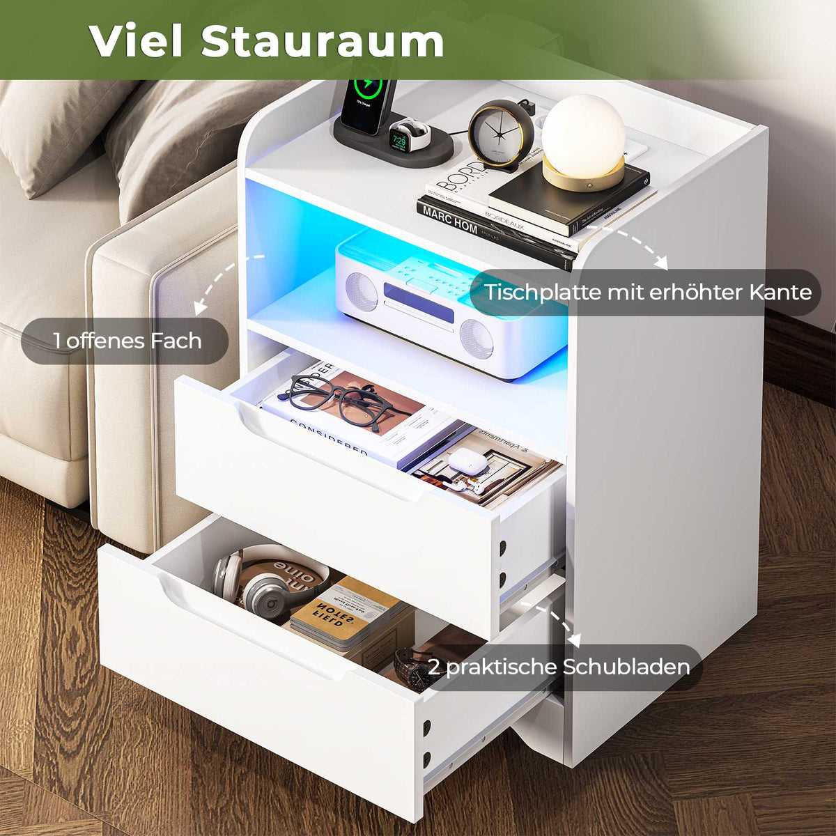 Brinlawb Nachttisch mit LED Beleuchtung und Ladestation 2 AC Steckdosen 2 USB Anschlüsse Nachtschrank mit 2 Schubladen und 1 Offenes
