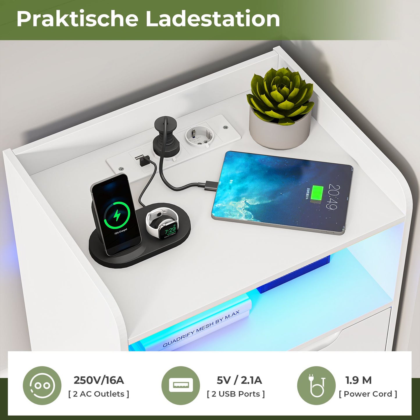 Brinlawb Nachttisch mit LED Beleuchtung und Ladestation 2 AC Steckdosen 2 USB Anschlüsse Nachtschrank mit 2 Schubladen und 1 Offenes