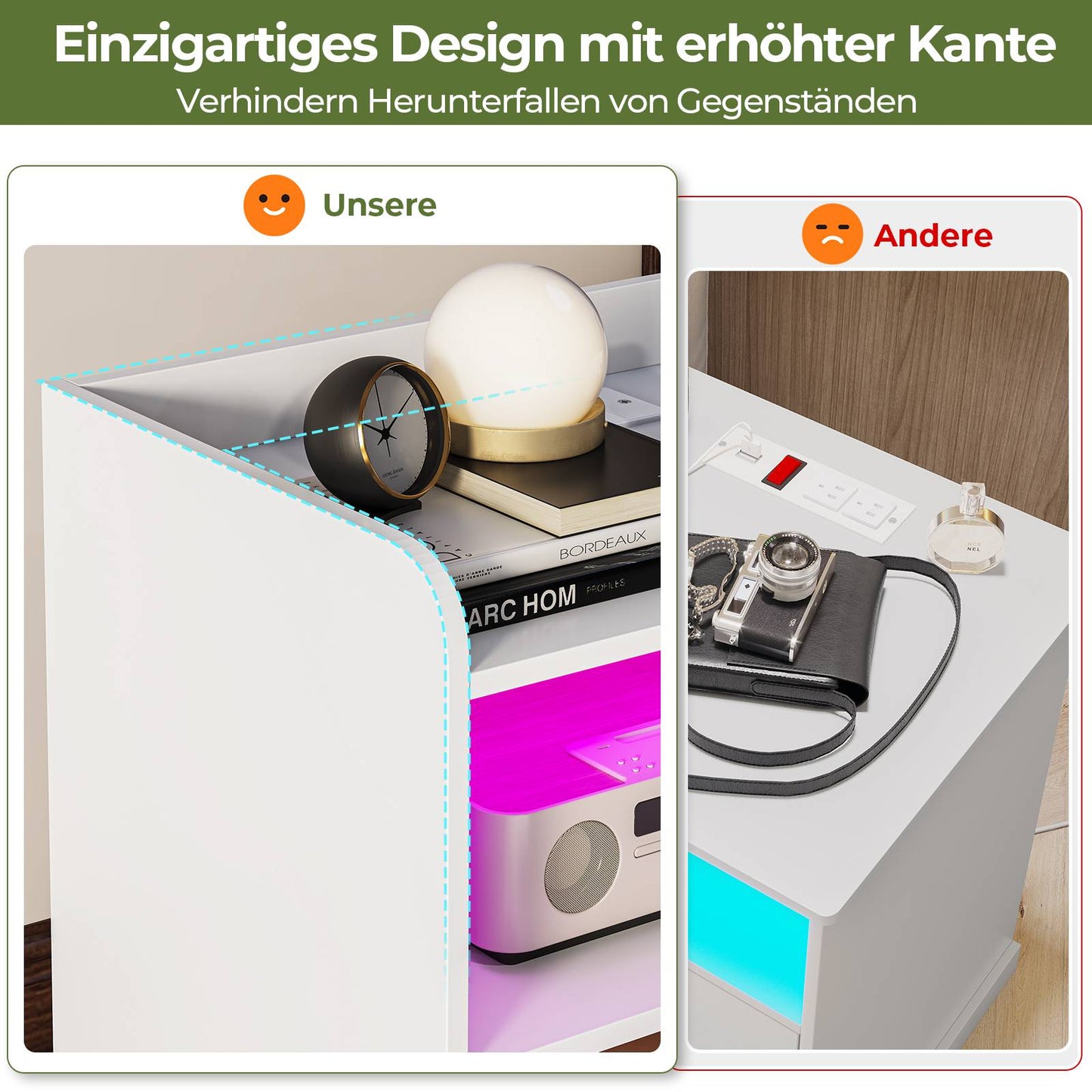 Brinlawb Nachttisch mit LED Beleuchtung und Ladestation 2 AC Steckdosen 2 USB Anschlüsse Nachtschrank mit 2 Schubladen und 1 Offenes